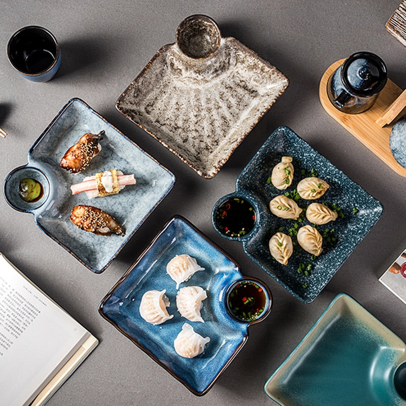 Japanese Ceramic Dumpling Plate with Vinegar Tableware